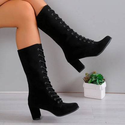 Women’s Winter Chunky Heel Boots - Round Toe Cross-Lace Anti-Slip Wear-Resistant Fashion Shoes