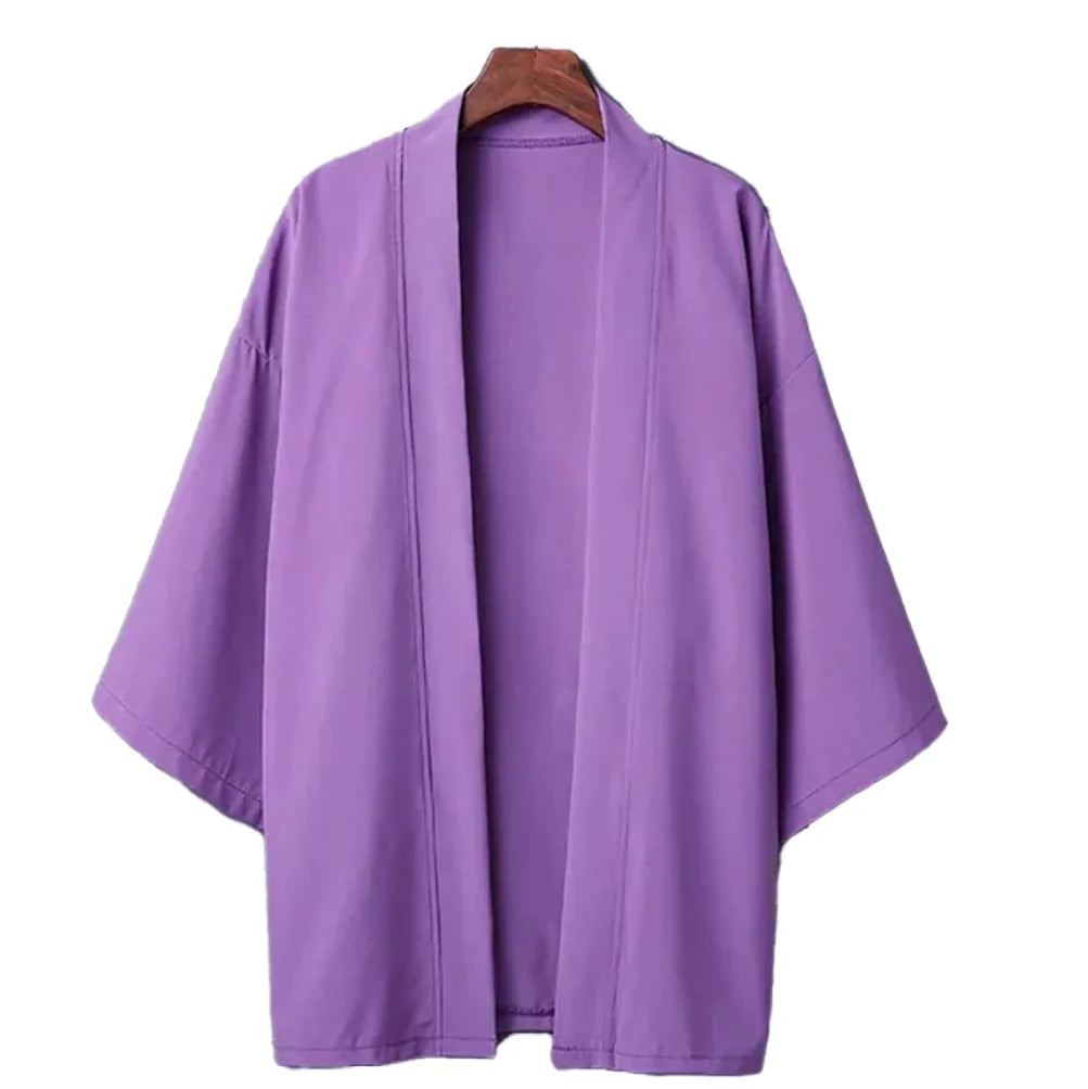Men’s Casual Open Stitch Shirt - Lightweight Black Yukata Cardigan with 3/4 Sleeves for Summer Vacation