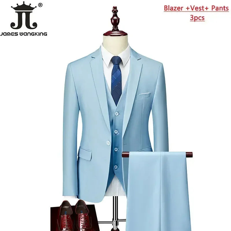 Men's 3 Piece Suit Set - Solid Color Formal Business Jacket Vest Pants Wedding Groom Party Tuxedo Outfit M-6XL