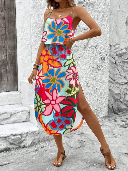 Women’s Summer Spaghetti Strap Dress - Sleeveless Flowy Casual Maxi Dress with Belt & Side Slit
