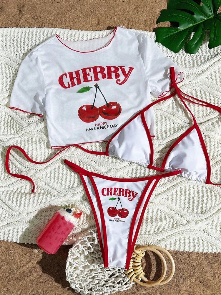 Women’s Cherry Print Halter Bikini Set – Sexy 3 Piece Dark Blue Beach Swimsuit 2026