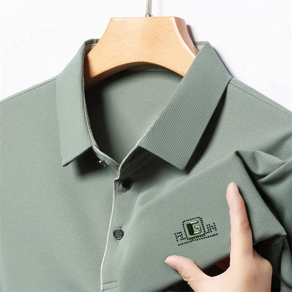 Men's Business Casual Short Sleeve Polo Shirt - Solid Color Breathable Badge Polo Top
