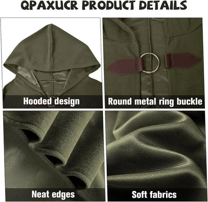 Men’s Medieval Hooded Cloak – Round Metal Buckle with Green Leaf Brooch Necklace for Halloween Costume