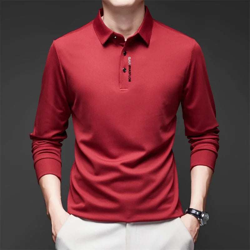 Men's Business Casual Polo Shirt - Long Sleeve Solid Color Top with Badge Detail