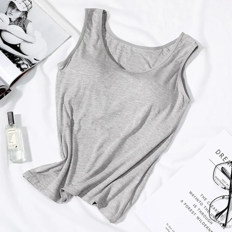 Women’s Built-In Bra Tank Top - Solid Color Padded Slim Fit Vest Shirt for Casual, Sexy & Everyday Wear