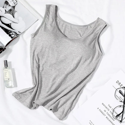 Women’s Built-In Bra Tank Top - Solid Color Padded Slim Fit Vest Shirt for Casual, Sexy & Everyday Wear