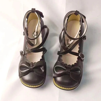 HoneyCherry Lolita Princess Shoes – Women’s Cute Flats with Bow, Cross Straps & Low Round Design