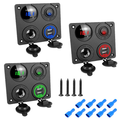 4-in-1 12V/24V Dual USB Power Adapter Panel 3.1A with LED Voltmeter & Rocker Switch for Car, RV, Truck & Marine Use
