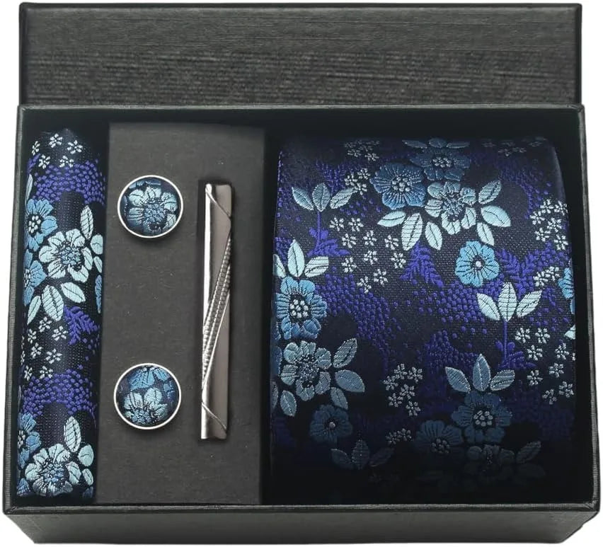 100% Silk Paisley Floral Necktie Set for Men - Premium Business Tie with Pocket Square Tie Clip Cufflinks Gift Box