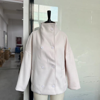 Women’s Short Woolen Coat - Stand Collar Loose Zipper Jacket for Spring Autumn Fashion Outerwear
