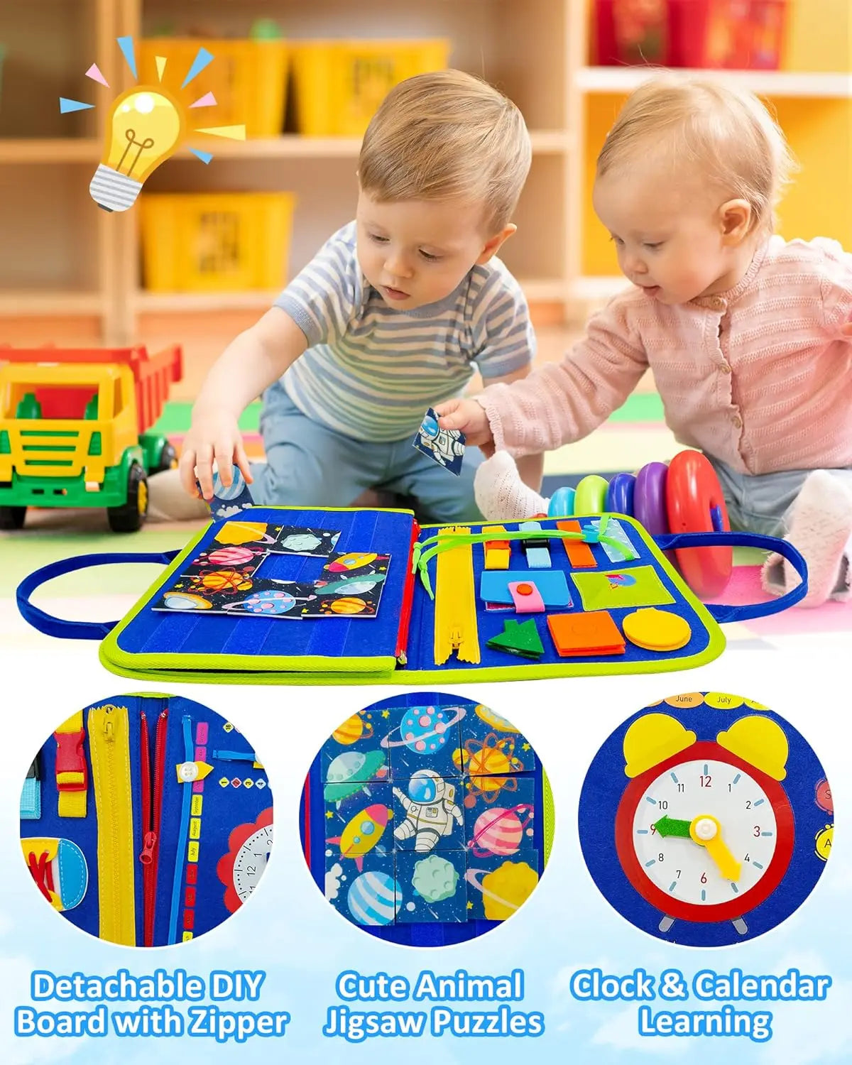 Toddler Montessori Busy Board – Dinosaur Dress-Up, Learning & Sensory Activities, Travel Toy & Life Skills Backpack