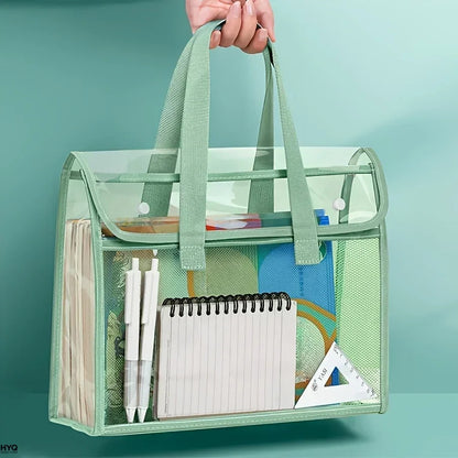 Large Capacity Expandable File Storage Bag - Transparent Waterproof PVC Handheld Document Folder with Self-Adhesive Closure
