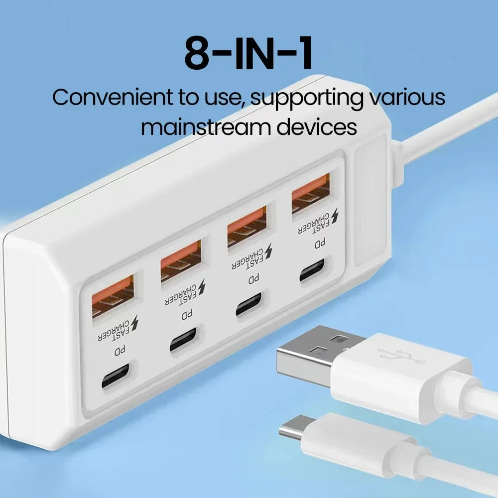 8-in-1 USB Charging Station - 25W PD Type-C Multi-Port Desktop Hub for iPhone, Samsung, Xiaomi & Huawei