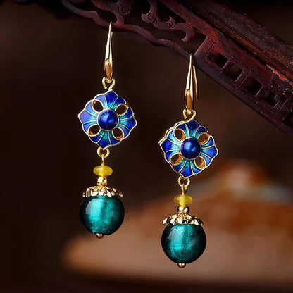 Vintage Flower Drop Earrings - Natural Stone Ethnic Jewelry for Women