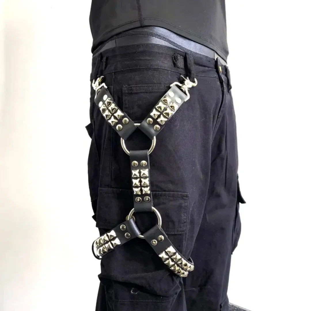 Gothic Leg Harness Strap - Black PU Leather Rivet Belt for Jeans, Hip Hop, Punk and Unisex Fashion