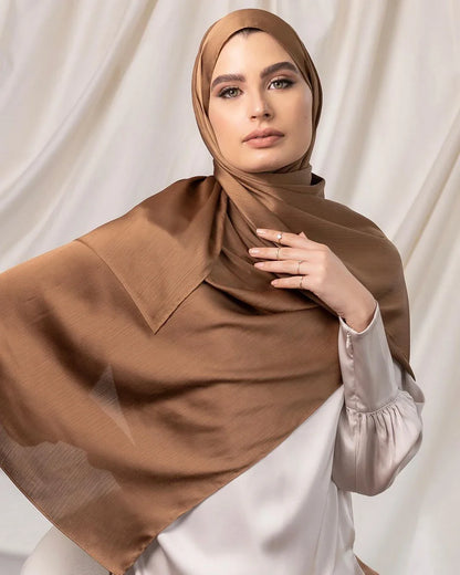 Trendy Long Satin Crinkle Hijab – Silk Crepe Islamic Headscarf for Muslim Women, Lightweight & Stylish