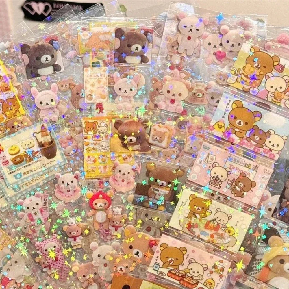 Cute Cartoon Character Sticker Sheets - Hello Kitty & Rilakkuma Die-Cut Laser Stickers for DIY Crafts & Kids Fun