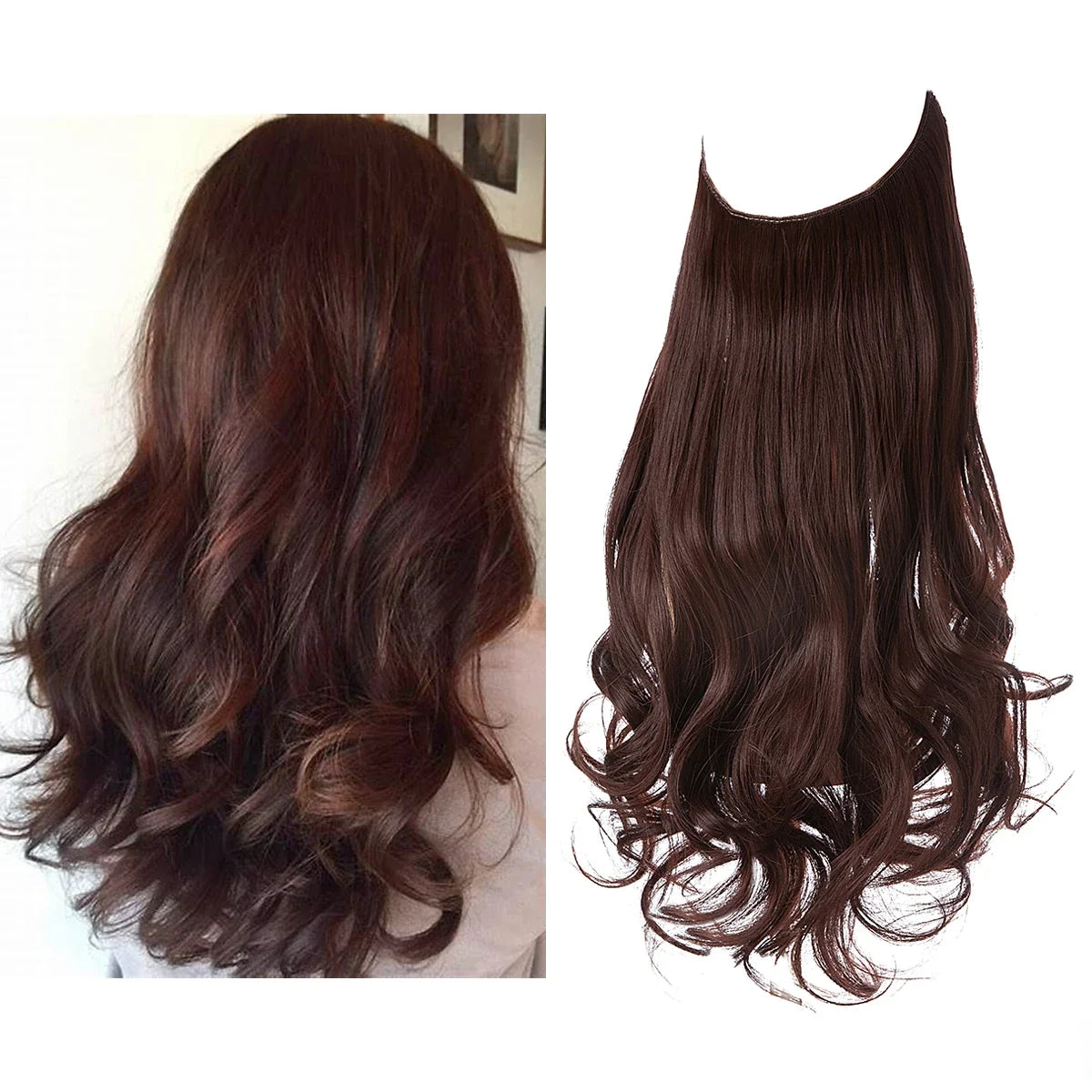 Synthetic Ombre Hair Extension - One Piece Invisible Wire Long Wavy Clipless False Hairpiece Black Blonde Pink