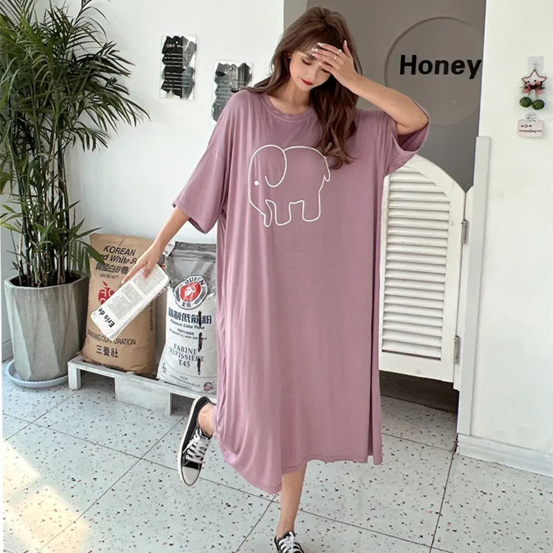Women’s Cartoon Nightgown - Loose Plus-Size Modal Summer Nightdress for Comfortable Sleepwear