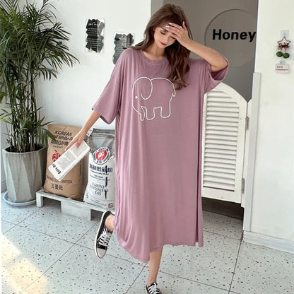 Women’s Cartoon Nightgown - Loose Plus-Size Modal Summer Nightdress for Comfortable Sleepwear