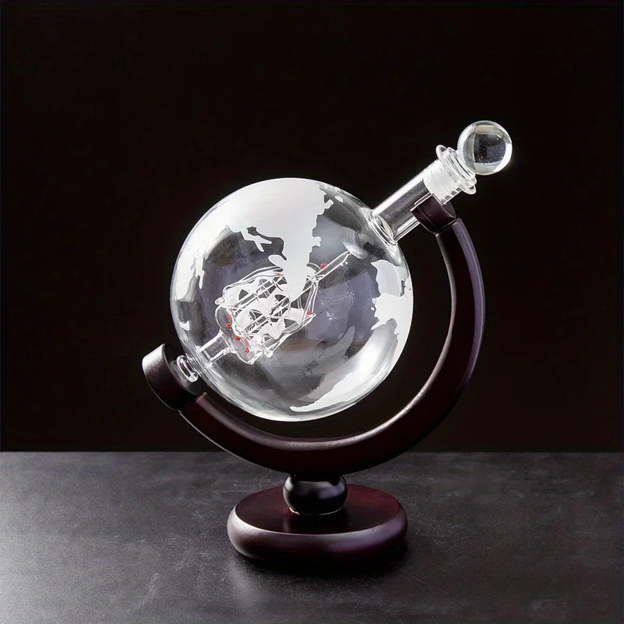 900ML Globe Whiskey Decanter Set – Lead-Free Carafe with Wood Stand & 2 Glasses