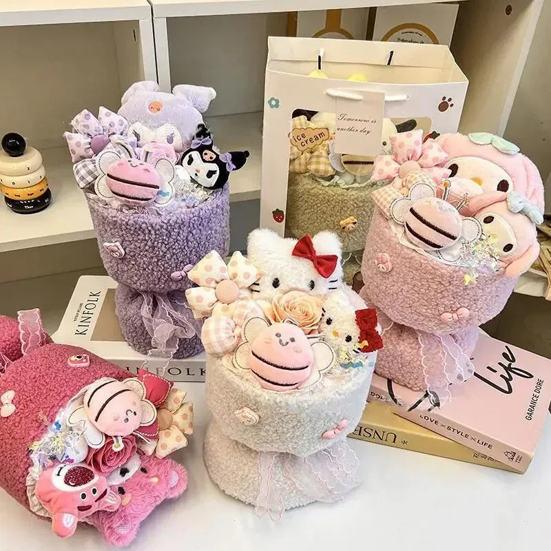 Sanrio Hello Kitty & Friends Plush Doll Bouquet – Cute Cartoon Cinnamoroll, Kuromi, My Melody Toys for Flower Girls & Kids – Perfect Holiday Gift