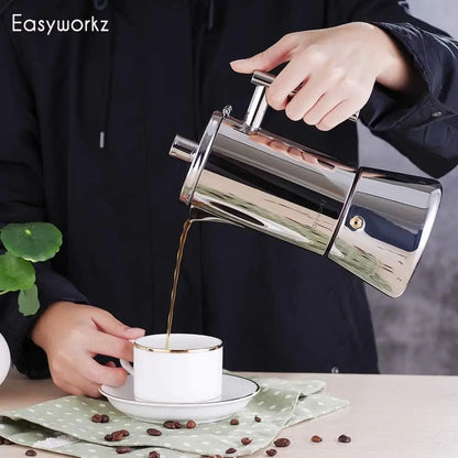 Easyworkz Diego 4-Cup Stovetop Espresso Maker — Stainless Steel Italian Moka Pot, 6.8 oz Induction Coffee Machine