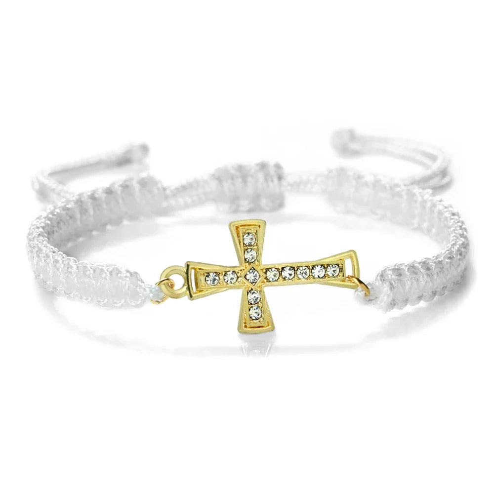 Crystal Cross Pendant Bracelet - Red & Black Braided Prayer Rope Jewelry Gift for Men & Women