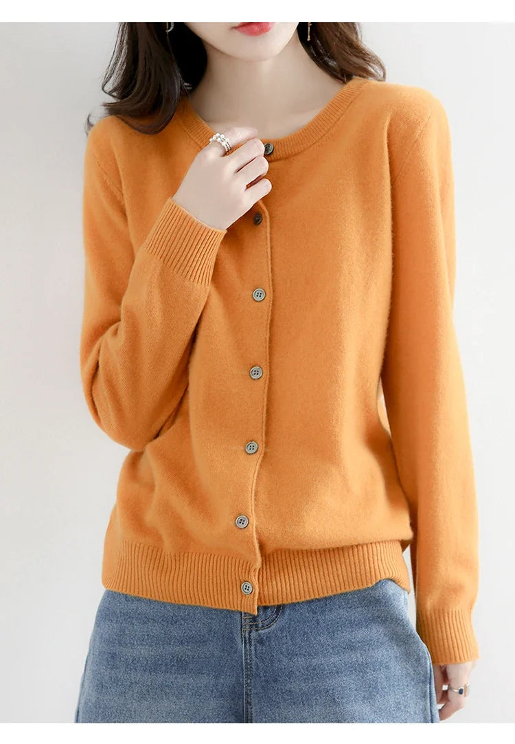 Women’s Solid Color Knit Cardigan - Spring Autumn Round Neck Worsted Sweater ZD-021
