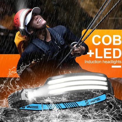 LED Sensor Headlamp – Built-in Battery 270° Wide Beam USB Rechargeable Head Flashlight, Ultra Bright Outdoor Headlight for Camping, Fishing & Work Use
