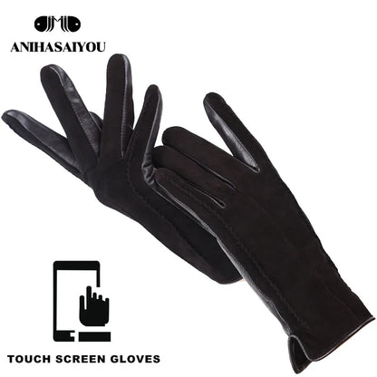 Women’s Winter Touch Gloves – 50% Genuine Leather & 50% Suede, Colorful Warm Leather Gloves