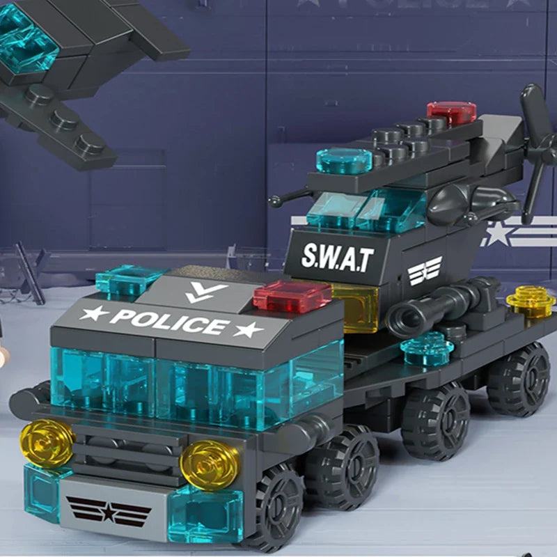 6-in-1 Police Vehicle Building Blocks Set - Tow Truck, Airplane & Mini Loader City Toy