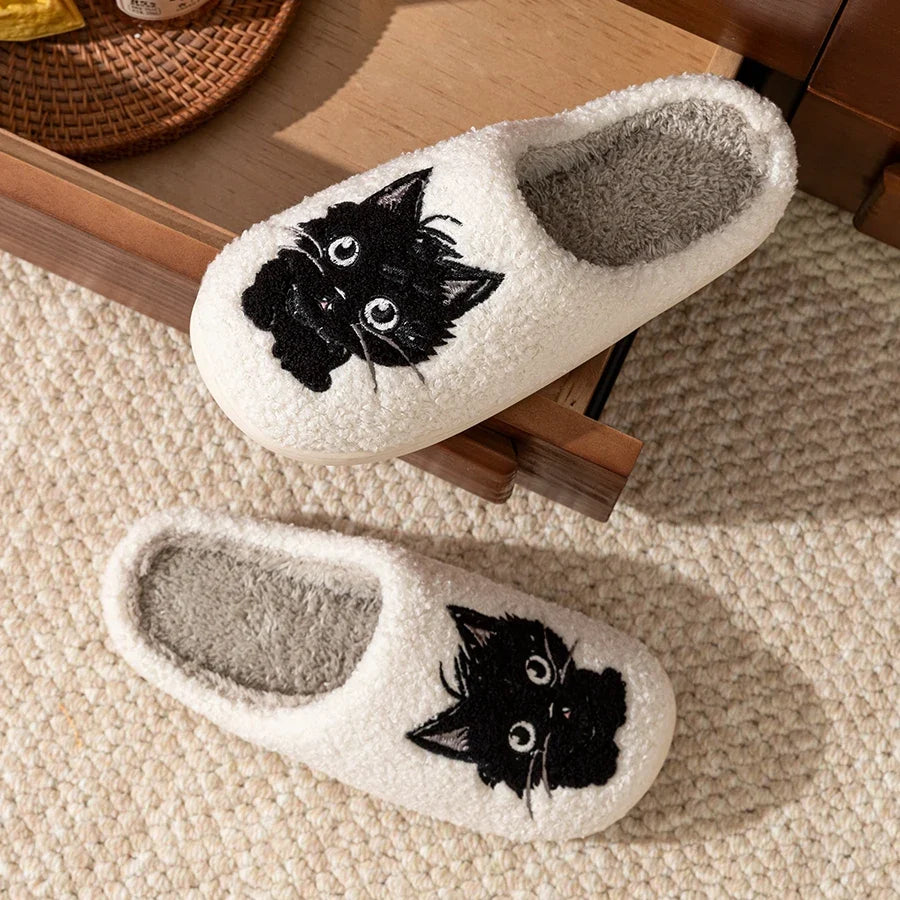 Women’s Cartoon Black Cat Slippers - Winter Indoor Bedroom Shoes with Soft Anti-Slip Comfort Sole