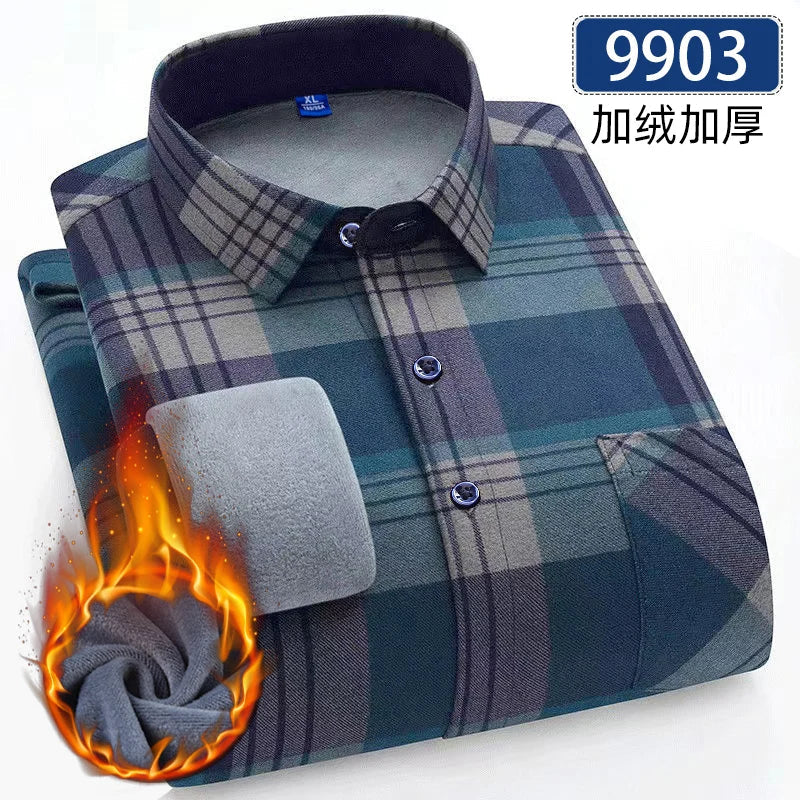 Men’s Fleece Plaid Shirt - Warm Thick Long Sleeve Business Check Shirt with Single Pocket for Autumn & Winter