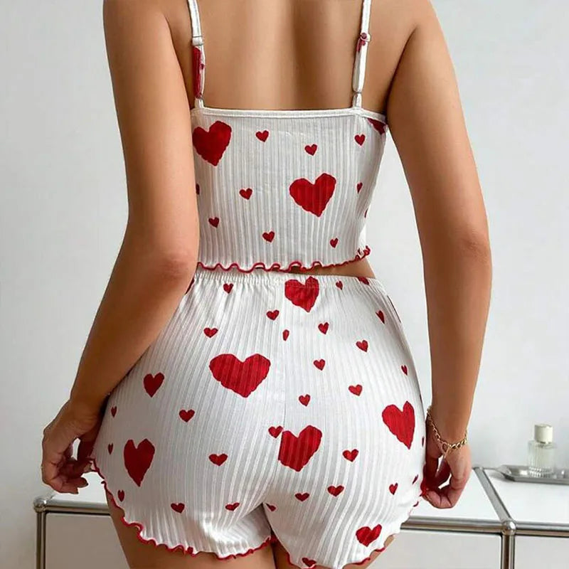 Women's 2PC Pajama Set – Soft Sleeveless Tank & Shorts | Casual Sleepwear with Love Print (S- L, White)
