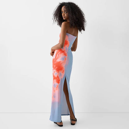 Women’s Strapless Printed Maxi Dress - Off Shoulder Backless Stretch Summer Beach Y2K Sundress