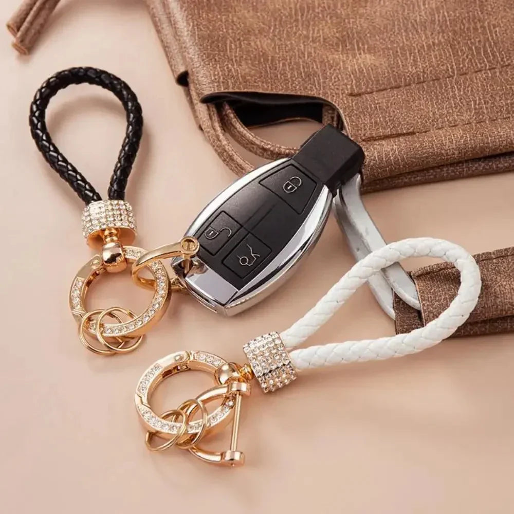 Handcrafted Braided Rope Keychain – Sparkling Rhinestone Car Key Ring, Stylish Monochrome Fashion Accessory