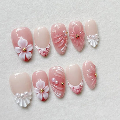 24PCS Strawberry Bow Press On Nails - Red Short Almond Pearl Starlight Floral False Nail Art Tips