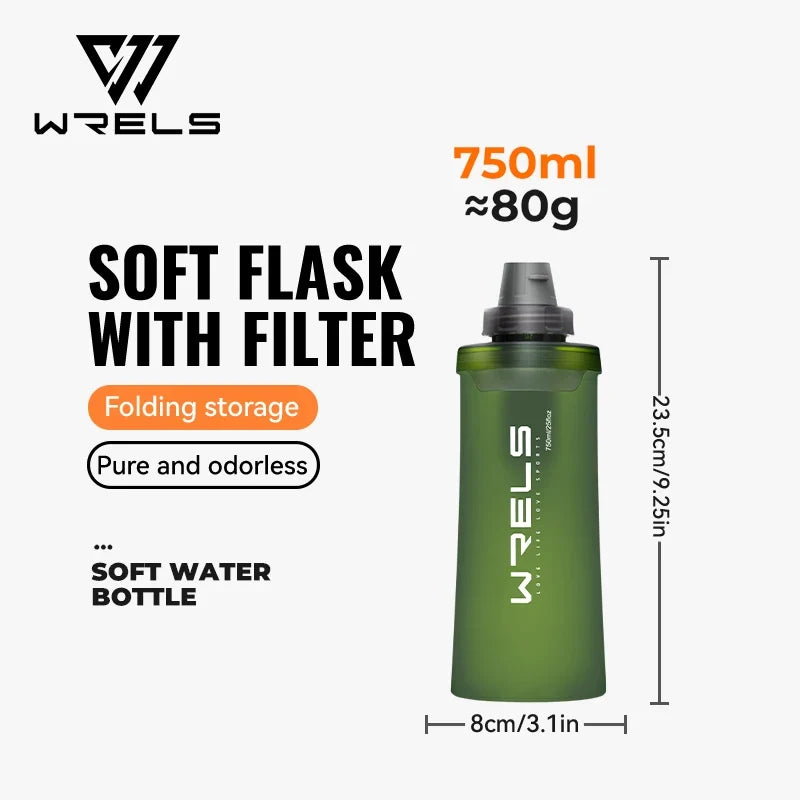 WRELS Soft Water Bottle with Filter - Ultralight Collapsible Hiking & Camping Hydration Flask