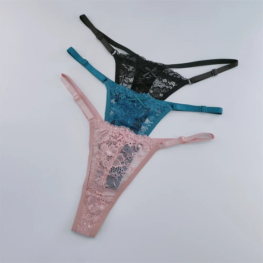 Women's Lace Thong Set - 3-Piece Low Waist Breathable Sheer G-String Lingerie