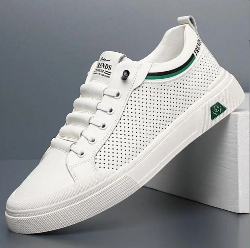 Men’s Genuine Leather Casual Sneakers – Breathable Cow Leather Skateboard Shoes, Street Trend Flat Summer Footwear