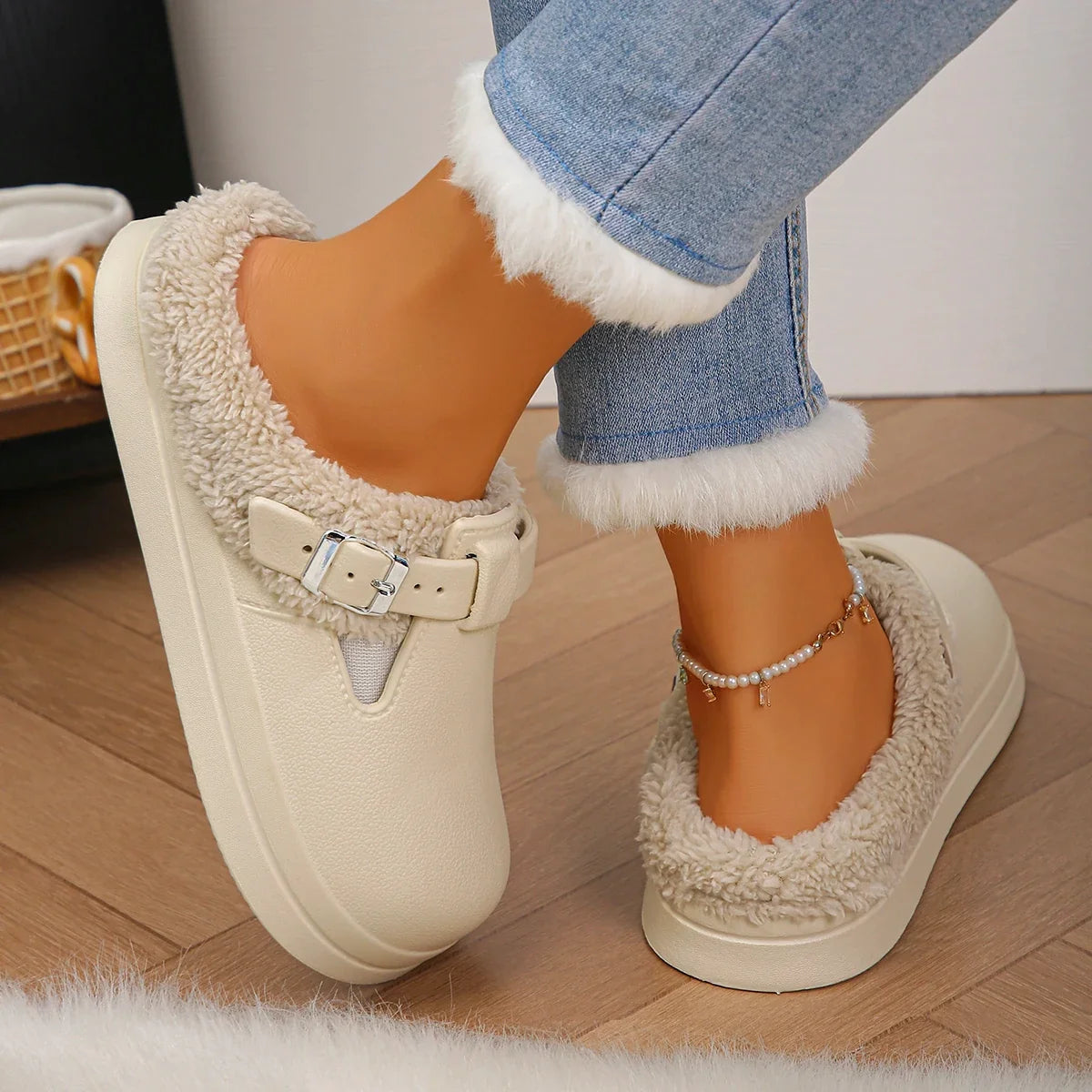 Women’s Winter Plush Mules Slippers - Waterproof EVA Furry Slides with Warm Lining, Metal Buckle & Non-Slip Sole
