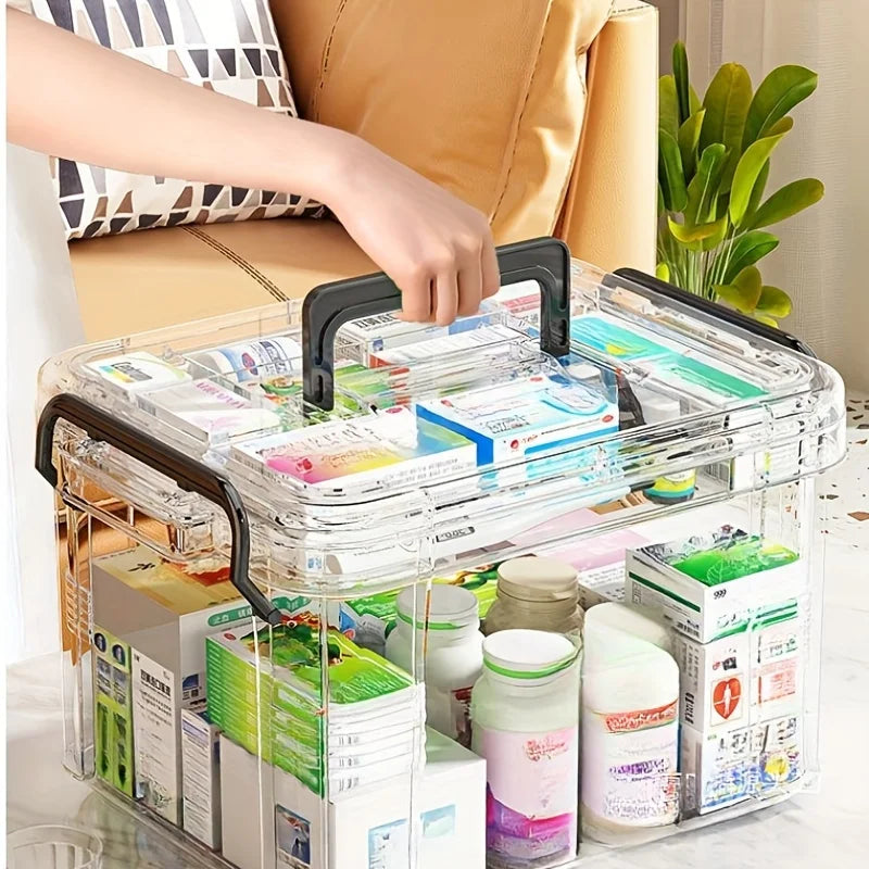Large Capacity Double-Layer Medicine Organizer Box – Waterproof Transparent Storage Case for Home & Travel