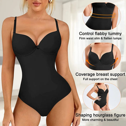 Women’s Slimming Shapewear Bodysuit - V Neck Waist Trainer Jumpsuit with Underwire Bra & Tummy Control Support