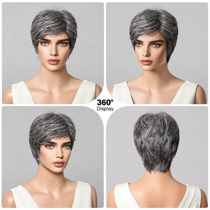 Short Pixie Cut Grey Human Hair Wig – 8 Inch Layered Fashion Wig for Women, Daily Use, Machine Made