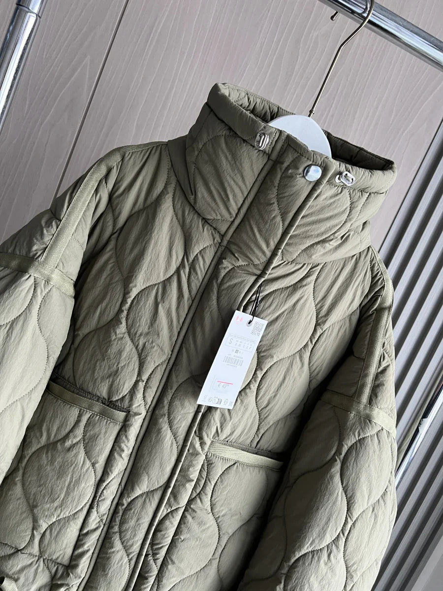 2024 ETJ Quilted Women's Coat – Beige Drawstring High Neck Jacket with Ties & Pockets