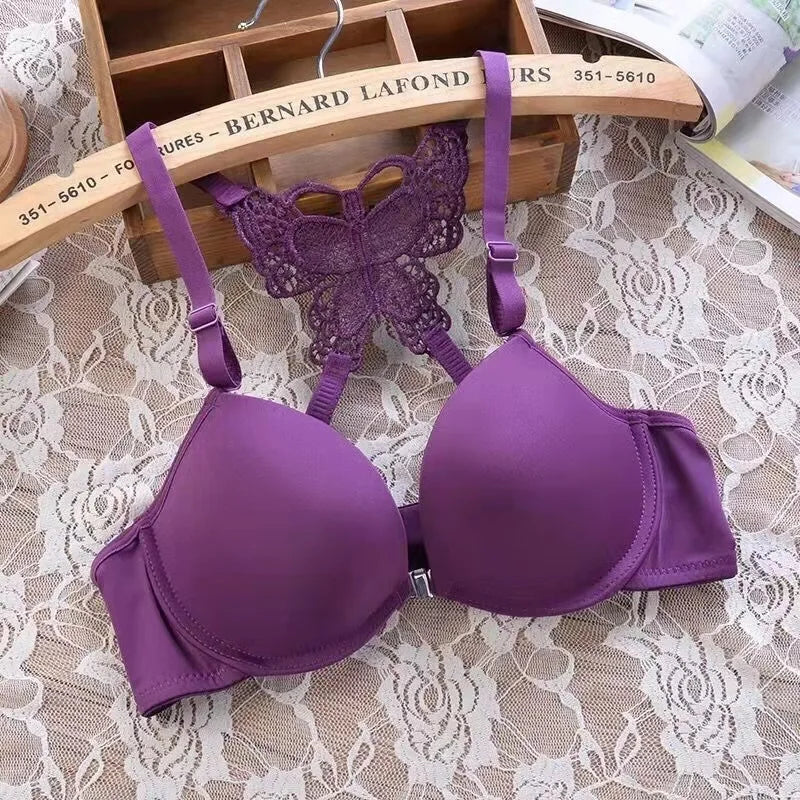 Women Butterfly Front Buckle Bra & Brief Set – Detachable Double Strap Sexy Sheer Lingerie Romantic Underwear Set