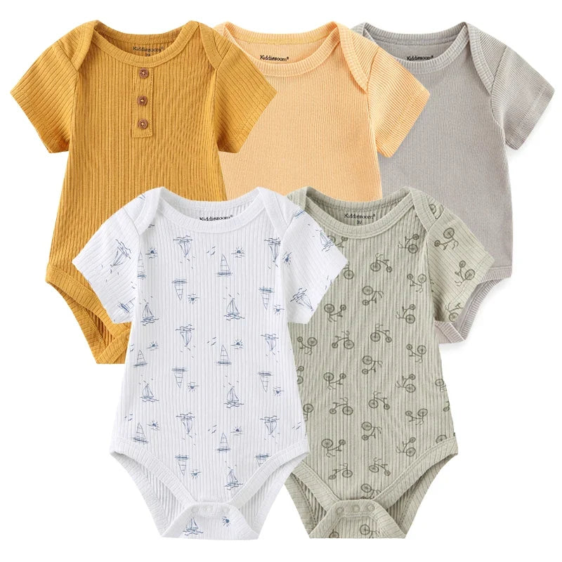 5PCS Newborn Baby Bodysuit Set - Soft Cotton Unisex Baby Clothes with Cartoon Print for Boys & Girls