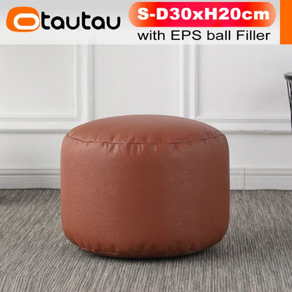 OTAUTAU Small Round Faux Leather Ottoman Stool – Beanbag Pouf Footstool, Floor Seat & Footrest JD004
