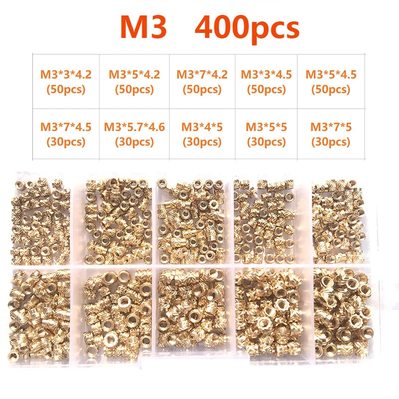 Brass Insert Nut Set M2–M6 – Knurled Hot Melt Threaded Copper Nuts for 3D Printing & Injection Molding